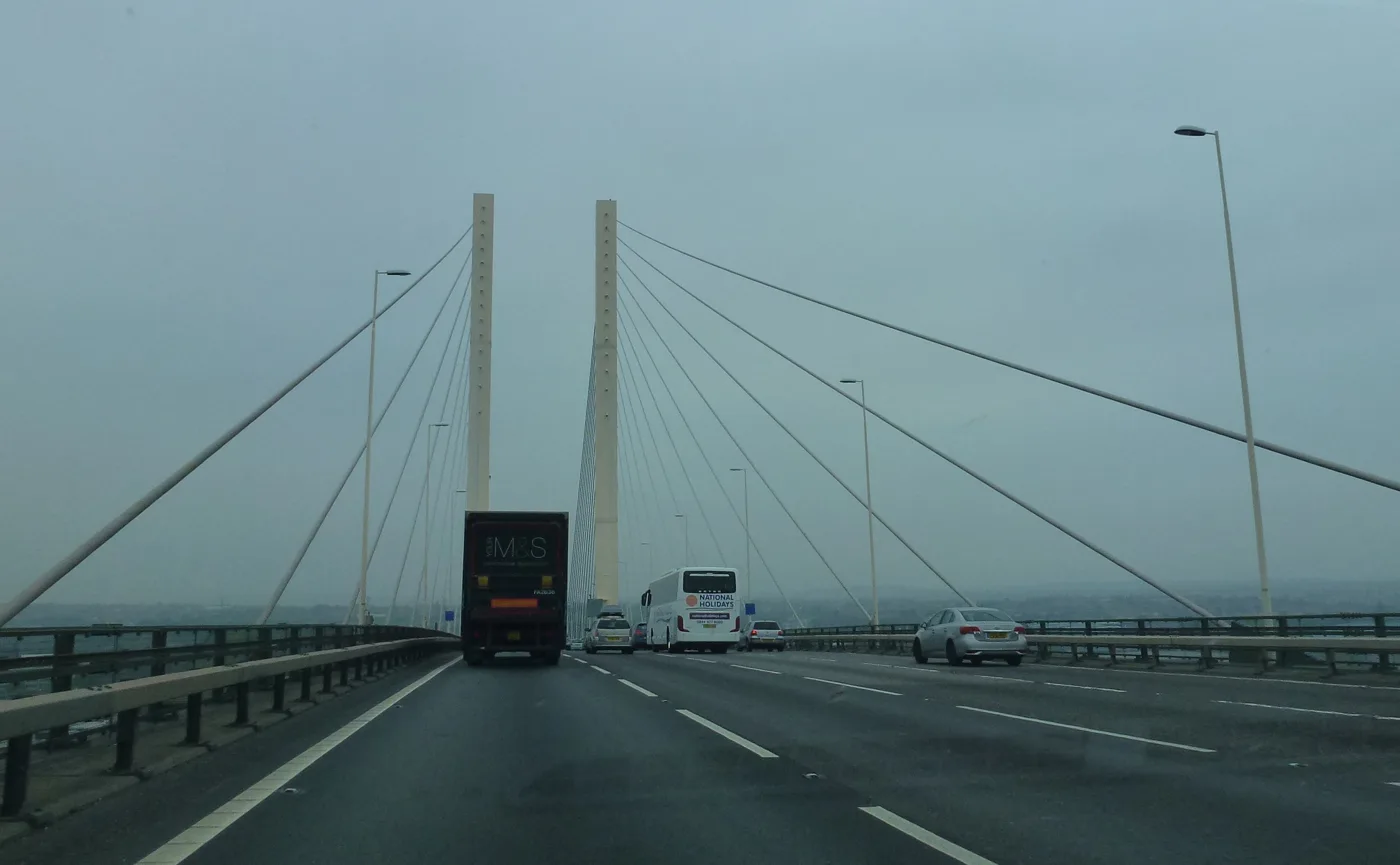 Traffic crossing the Queen Elizabeth II Bridge towards Kent. Cars, coaches and lorries each pay a different Dart Charge rate