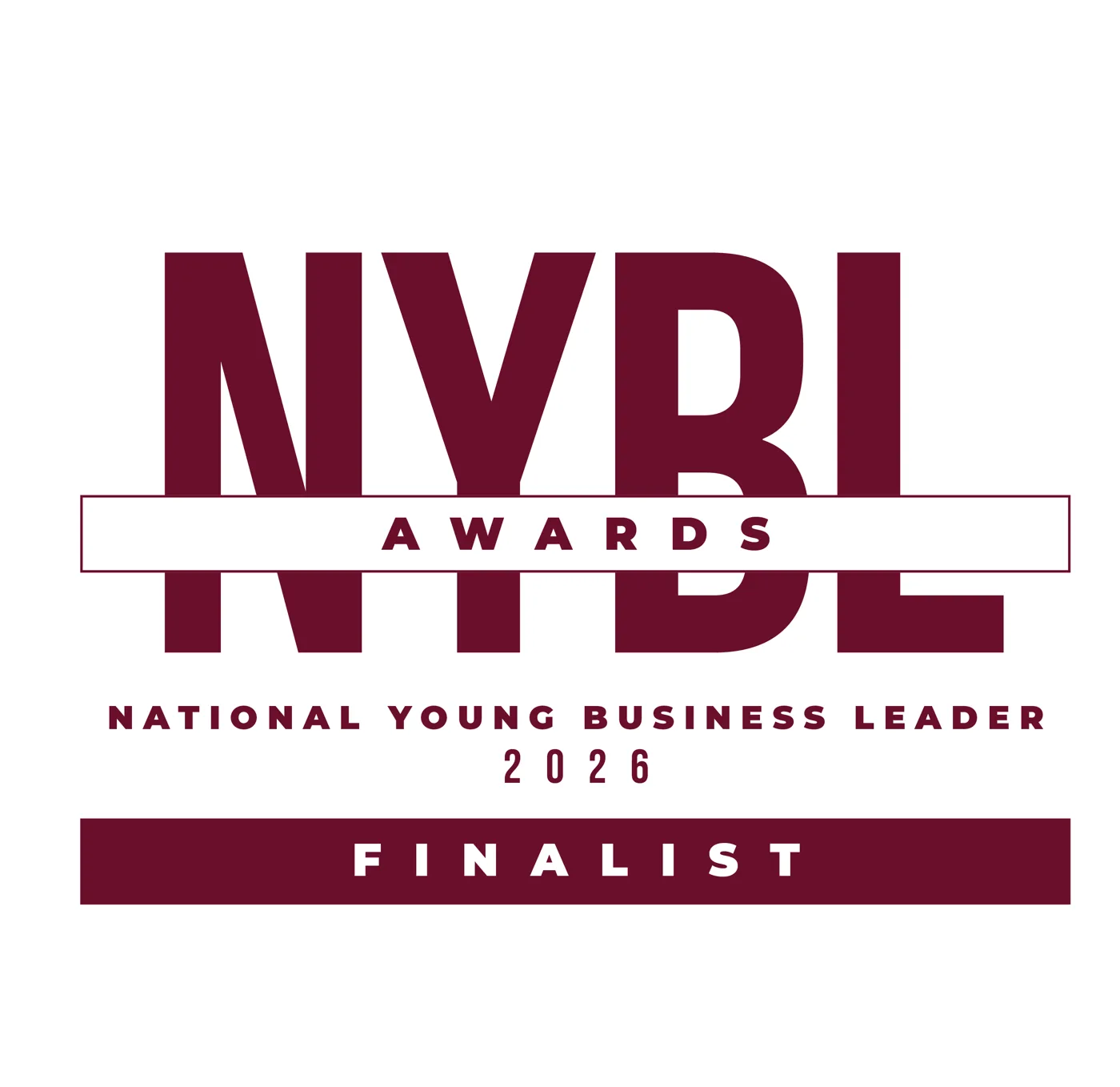 Maroon and white badge reading NYBL Awards, National Young Business Leader 2026, Finalist