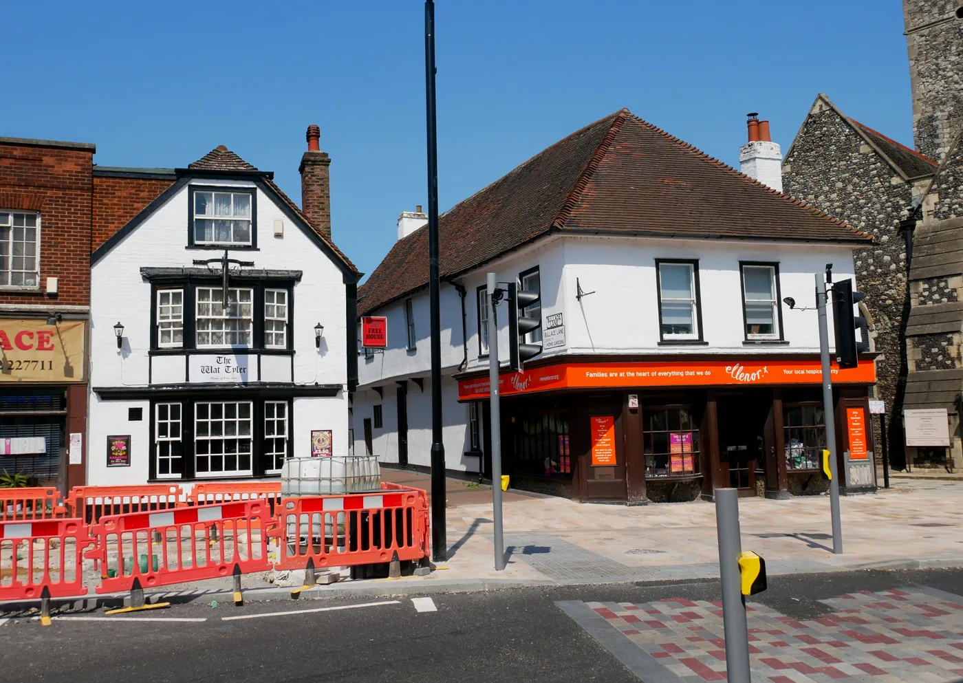 The Wat Tyler on Dartford High Street, with the parish church tower on the right