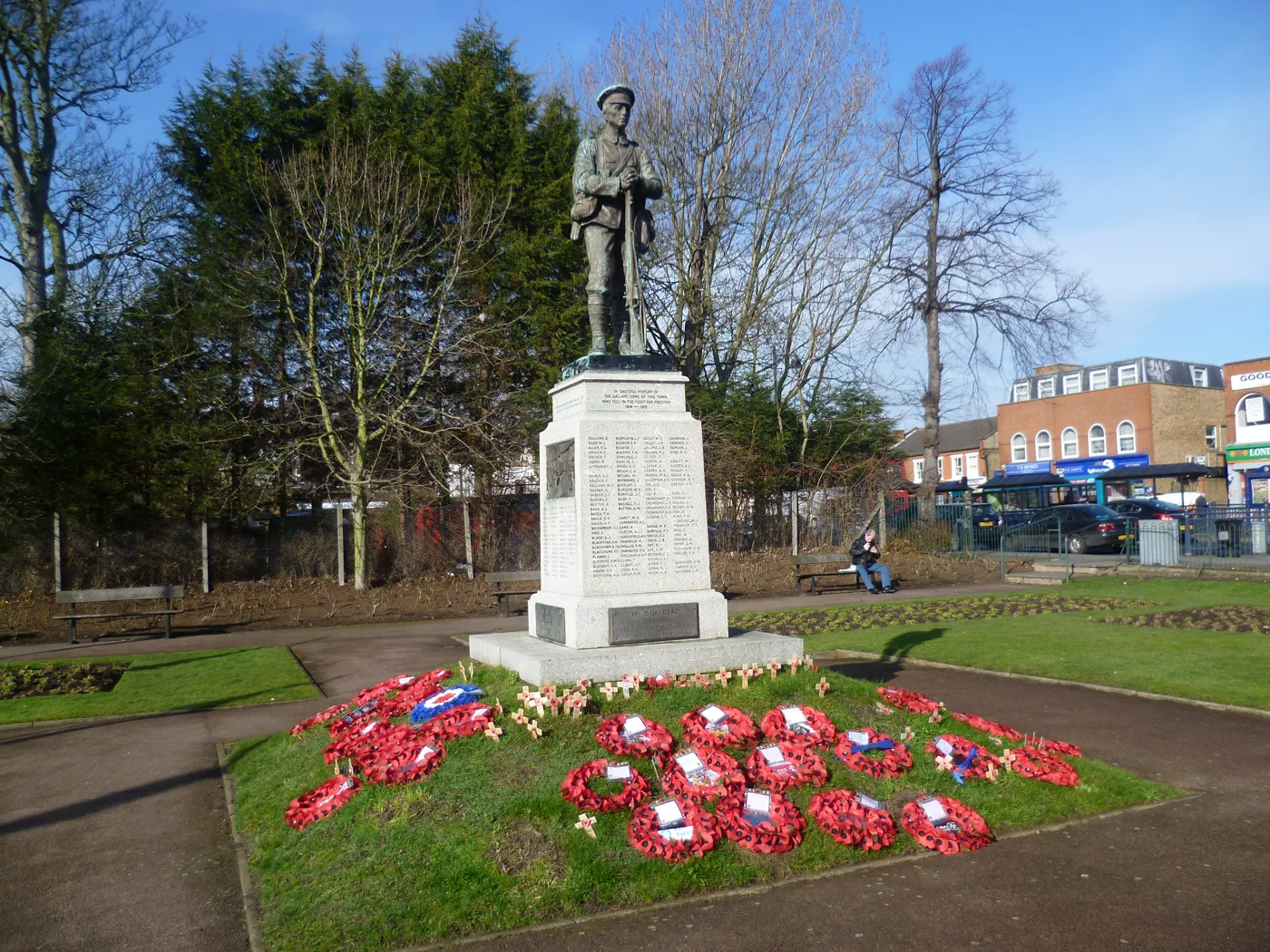 Wreaths at Dartford War Memorial in the Memorial Gardens, Market Street, where the Remembrance Sunday service is held