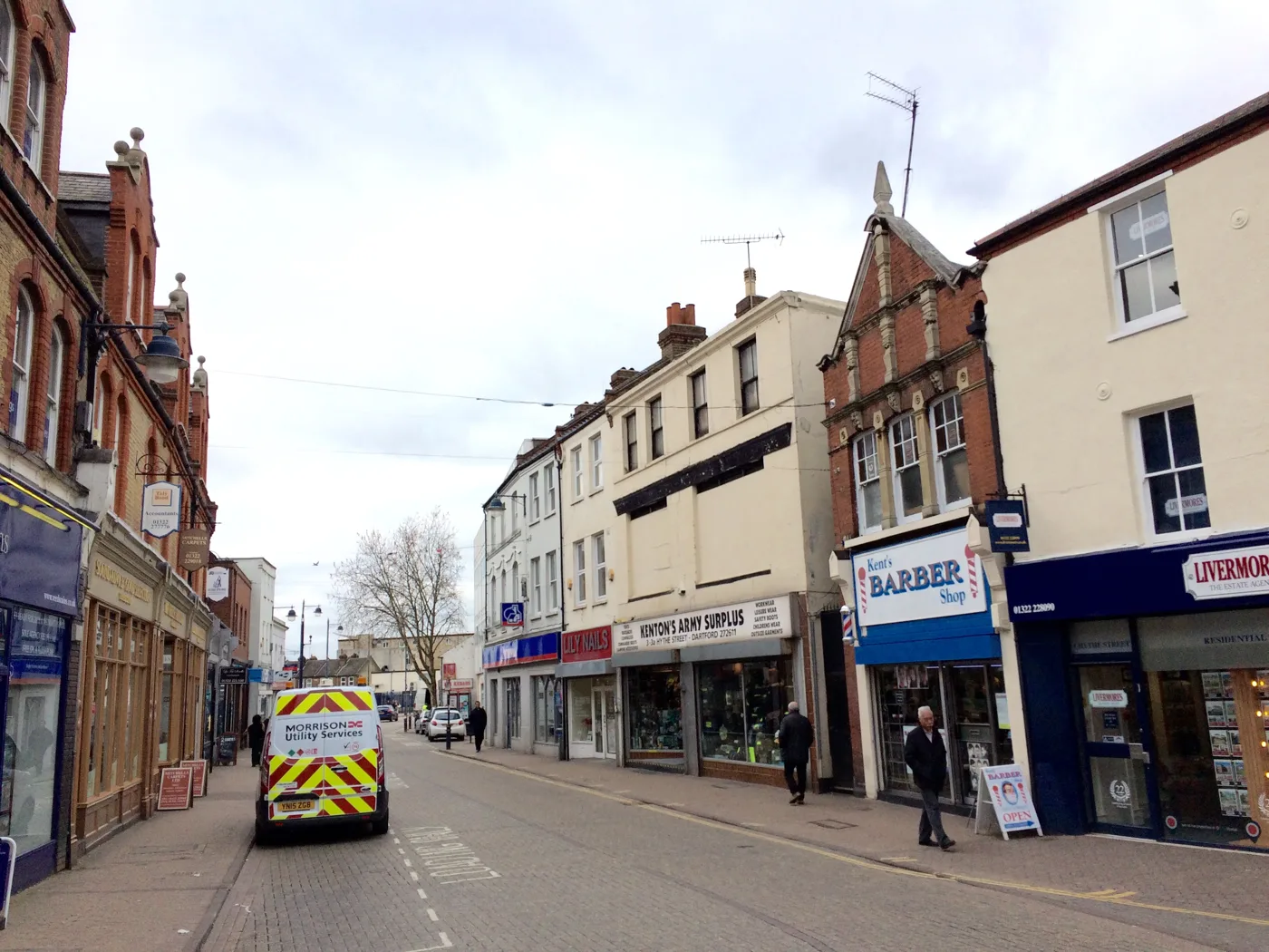 Shops at the town centre end of Hythe Street, Dartford. The photograph does not show 11-27 Hythe Street.